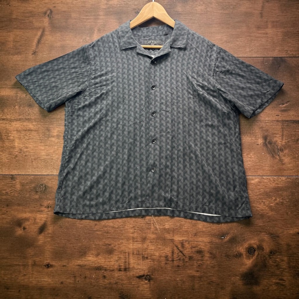 Rag & Bone Mens L Short Sleeve Camp Shirt Grey Black Geometric Print Viscose